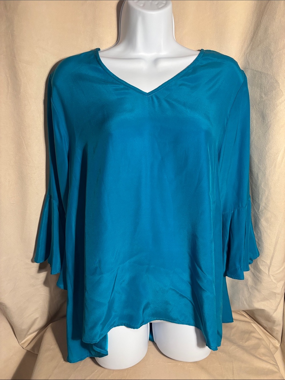 La Roque Original 100% Silk Women's Teal V-Neck Flutter Sleeve Top